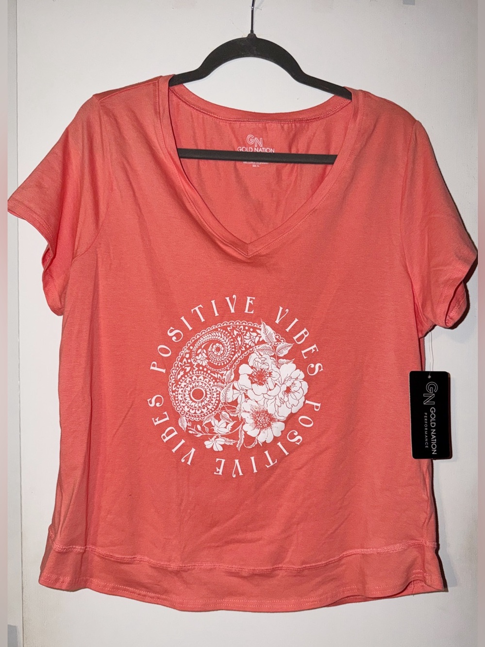 Coral "Positive Vibes" V-Neck Tee